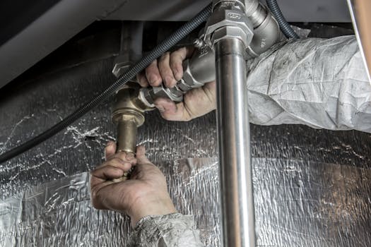 Accueil Close-up of a plumber's hands installing steel pipes indoors, showcasing skilled manual work.